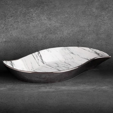 San csónak alakú tál márványos mintával Fehér/ezüst 36x19x6 cm