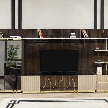 Vitra TV szekrény falpanellel sötétbarna-arany