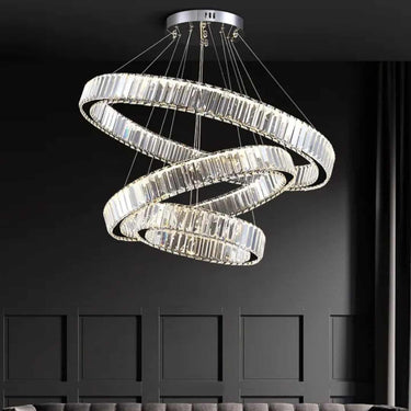 Briel Xenia mennyezeti lámpa, króm és kristály, 3 gyűrűs, 80+60+40 cm